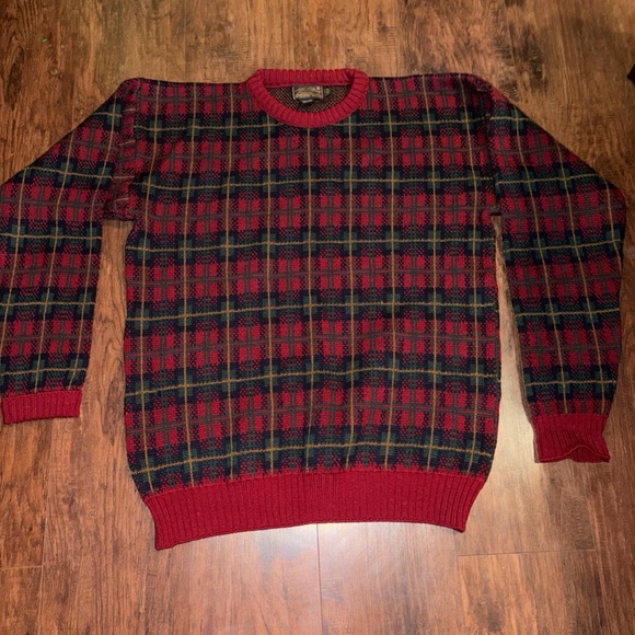 VTG Eddie Bauer Mens Red Plaid Long Sleeve Wool Sweater Size L /Tall Made in USA - Picture 2 of 5
